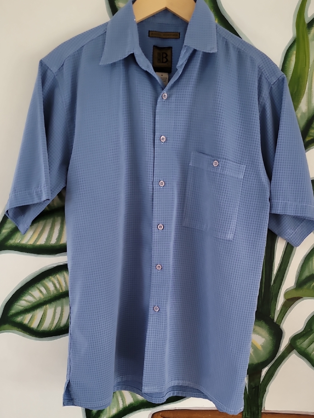 Bruno Sueded Microfiber Shirt Short Sleeve Button-Up Soft Blue Plaid Mens, Sz. M - Picture 2 of 11